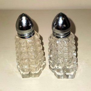 Vintage Square Cut Crystal Glass Salt and Pepper Shakers Mid Century Silverplate
